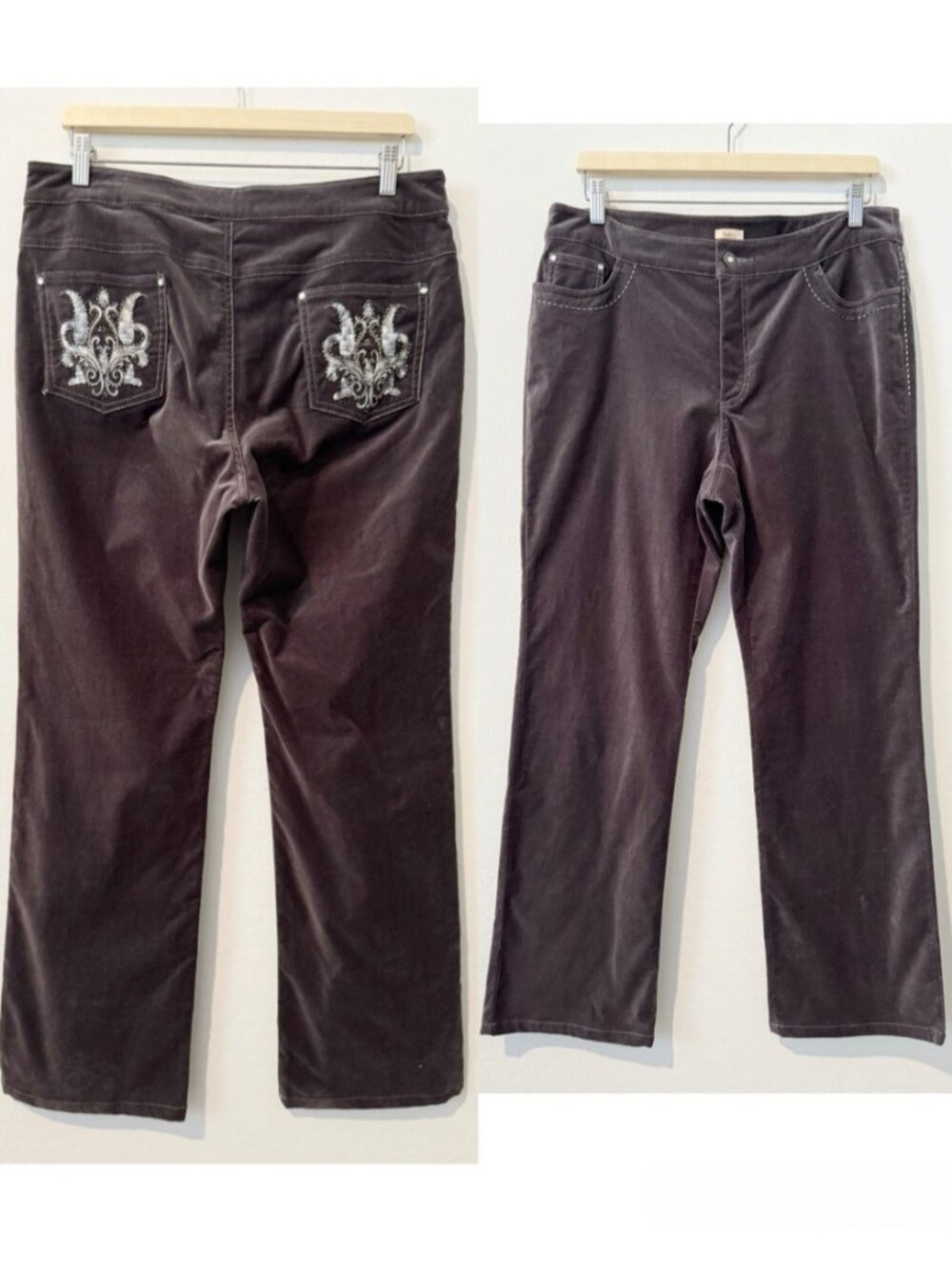 Reba Pants Size 12 Gray Purple Velvet Velour High Rise Straight Leg Pant Rancher